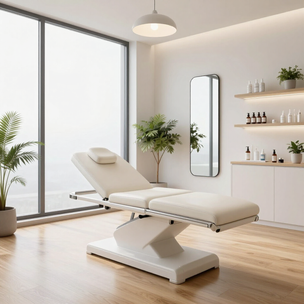 Luminosa sala per trattamenti spa in stile minimalista con lettino da visita color crema, pavimento in legno, piante e mensole a muro.