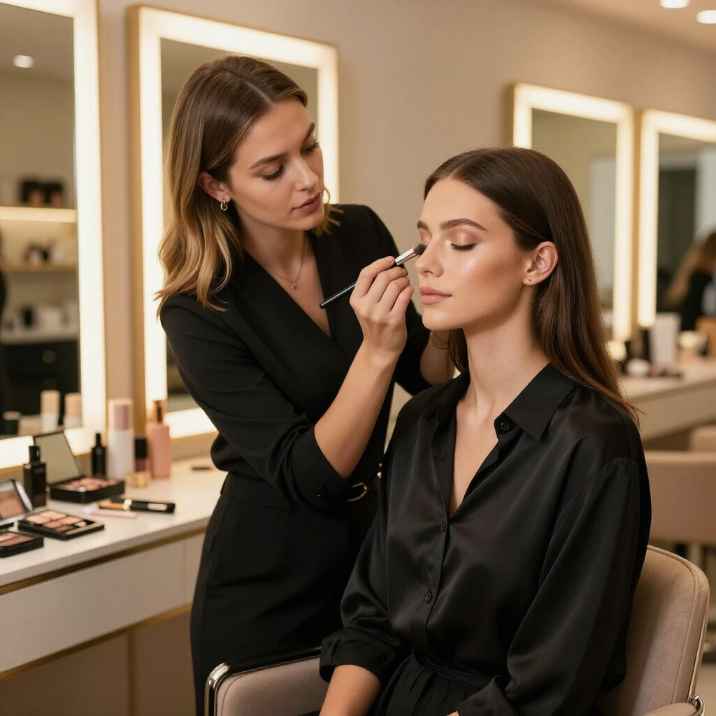 Truccatrice che applica il trucco agli occhi di una cliente seduta in un salone ben illuminato.