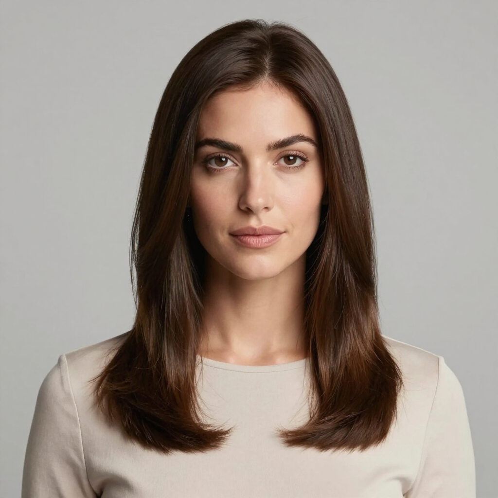 Ritratto in studio di una donna con capelli castani lisci che indossa una maglietta color crema su sfondo grigio.