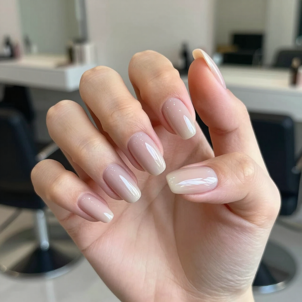 Una mano con unghie lucide color rosa pallido, curata con manicure, è tenuta davanti a uno sfondo sfocato di un salone di bellezza.