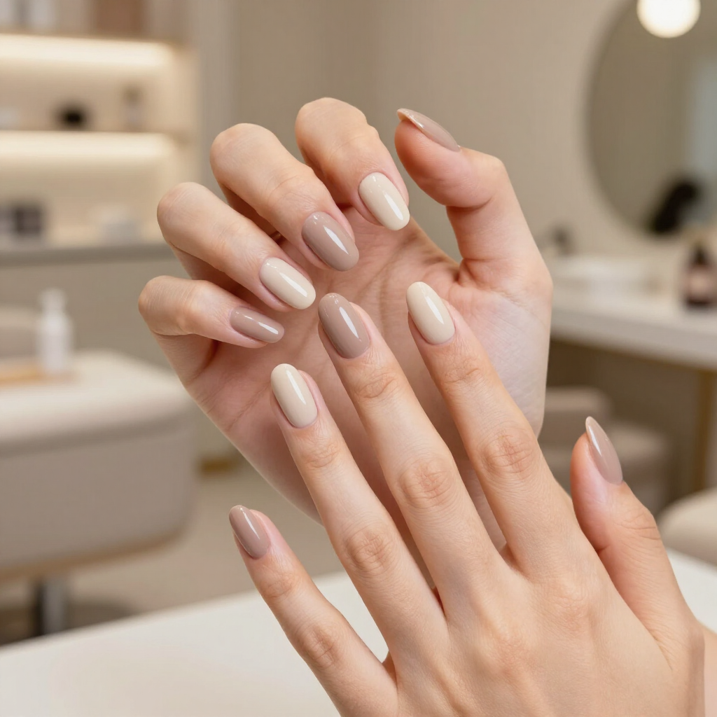 Mani curate con unghie nude lucide, in un'atmosfera da salone dai toni morbidi e beige.