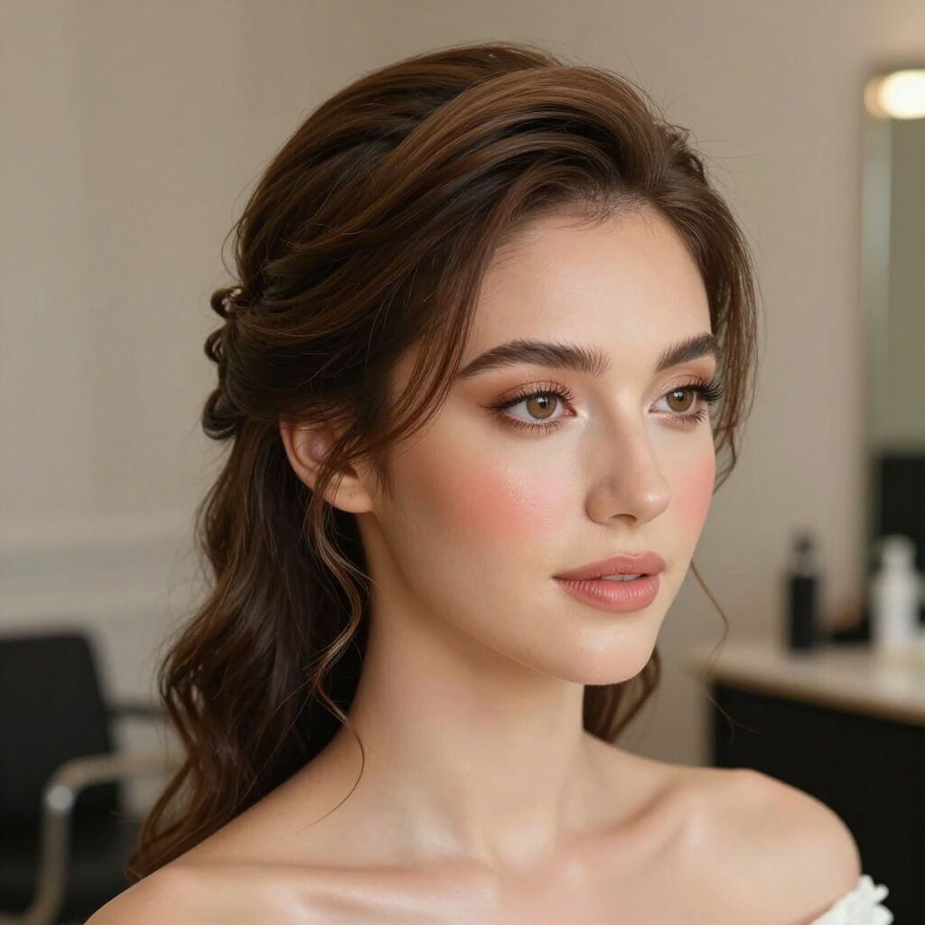 Ritratto di una donna con capelli castani acconciati e trucco leggero, in un luminoso ambiente interno.