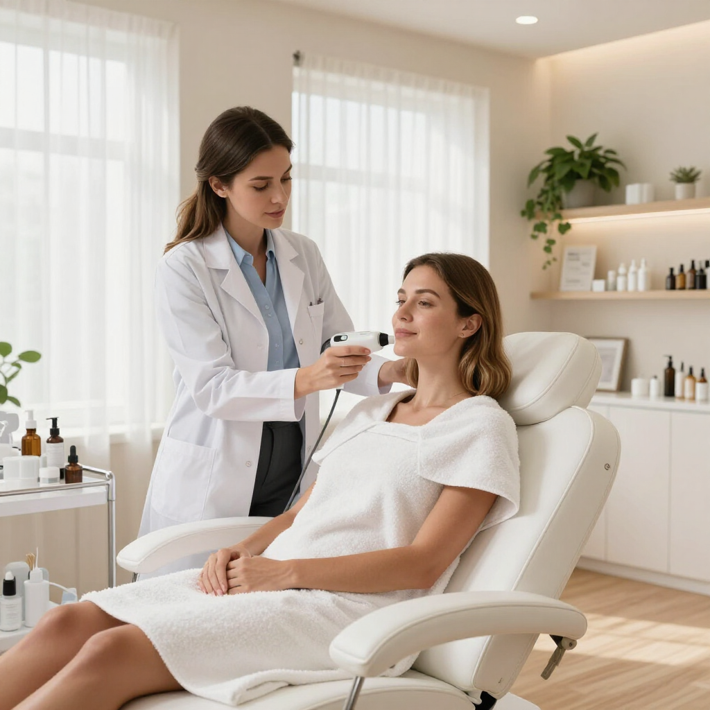 Un medico visita un paziente seduto in una luminosa e moderna sala per trattamenti in una spa.
