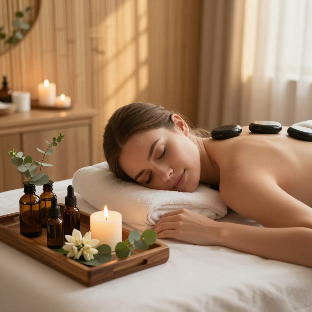 Scena di massaggio in una spa con una donna sdraiata su un lettino, pietre calde, candele e oli per aromaterapia.