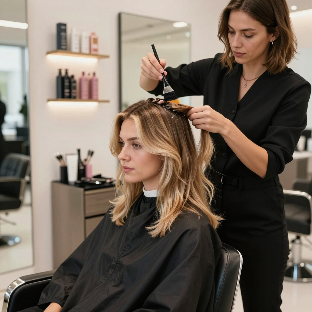 Parrucchiere che applica la tinta ai capelli biondi di una cliente in un salone.