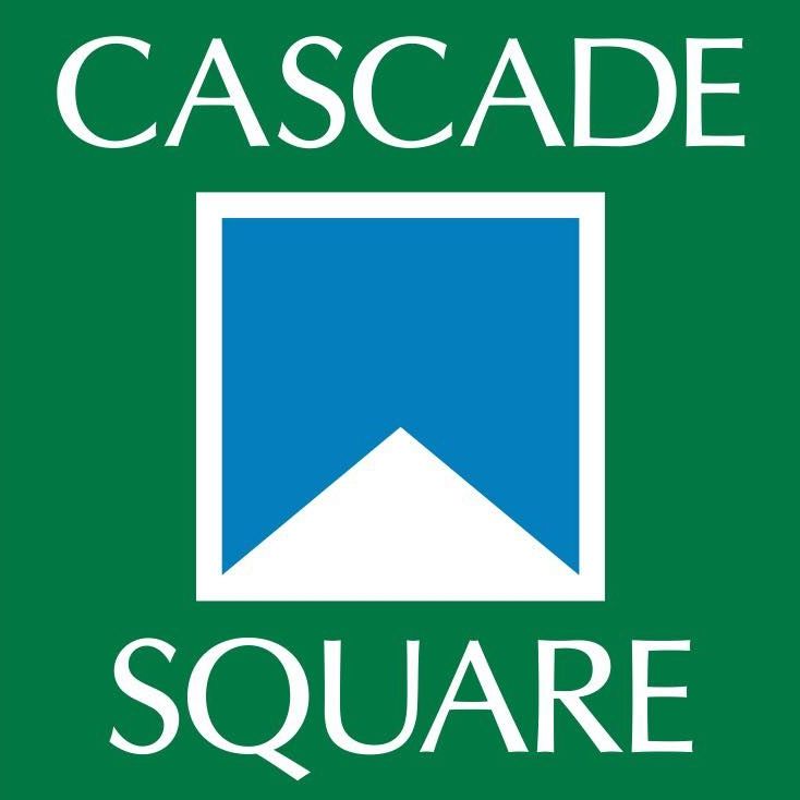 A logo for cascade square with a blue square