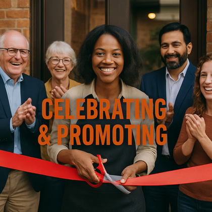 Spotlighting milestones that matter. Woman cutting a ribbon in front of her business with 4 other people behind her while looking on and clapping with excitement.