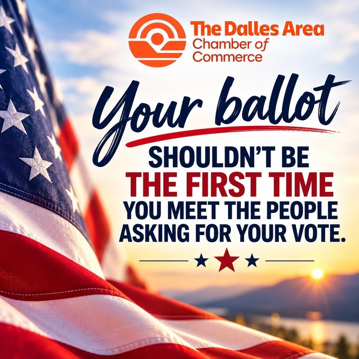 American flag graphic encouraging voters to learn about local candidates before casting their ballot