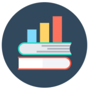 A stack of books and a bar graph in a circle.