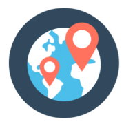 A globe with two red pins on it in a circle.