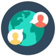A globe with two people in speech bubbles around it.