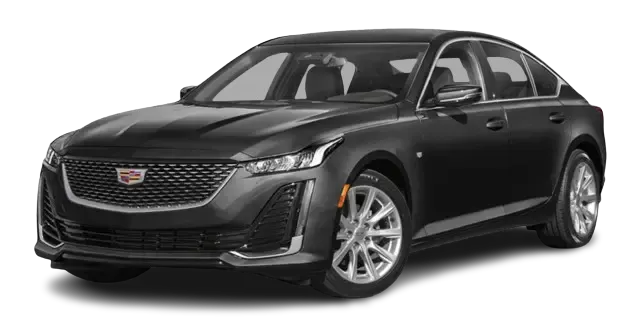 Black Cadillac sedan on a white background, shown in front-left view