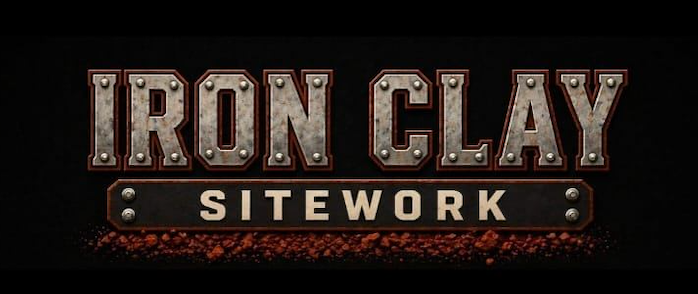Iron Clay Sitework logo in distressed metallic lettering on a black background