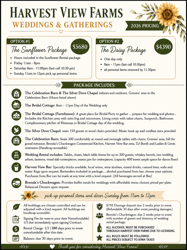 Harvest View Farms wedding and catering flyer with package options, prices, and rustic floral design