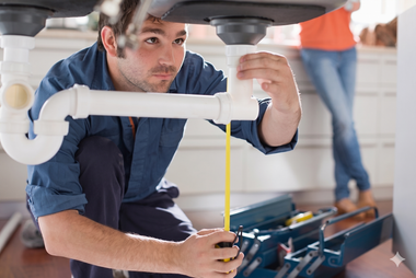 Plumber tightening a pipe under a sink with tools in an open toolbox nearby