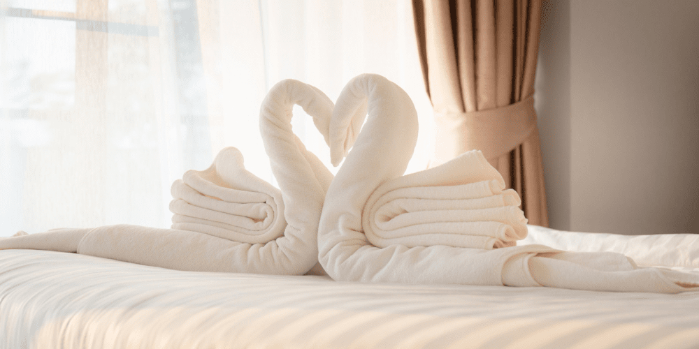 towel art swan created by a housekeeper for housekeeping week
