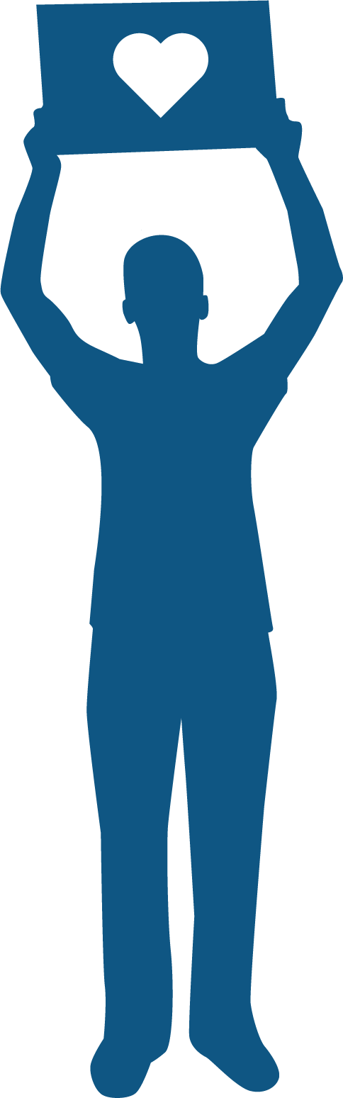 A silhouette of a person holding a sign with a heart on it.