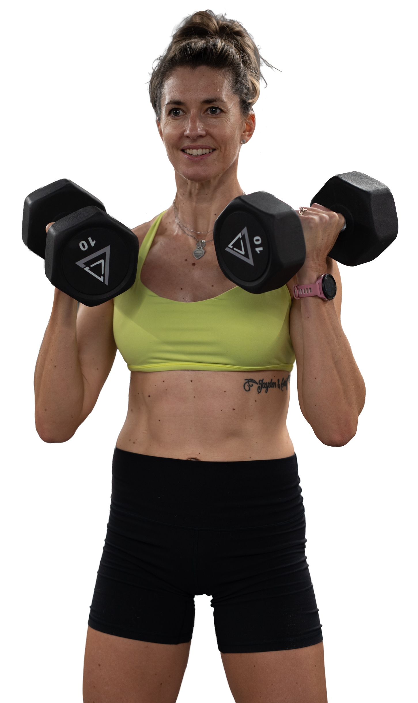 Woman doing a resistance-band squat workout in athletic wear against a white background