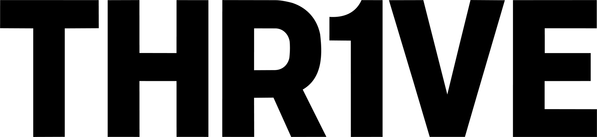 White THR1VE logo with bold black letters on a white background
