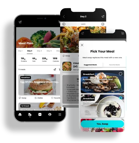 Three overlapping black smartphone silhouettes on white with placeholder text for app images.