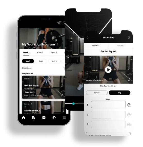 Three overlapping smartphone mockups with blank white screens and app placeholder text.
