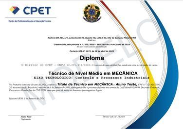 Modelo de diploma do Curso Técnico em Mecânica