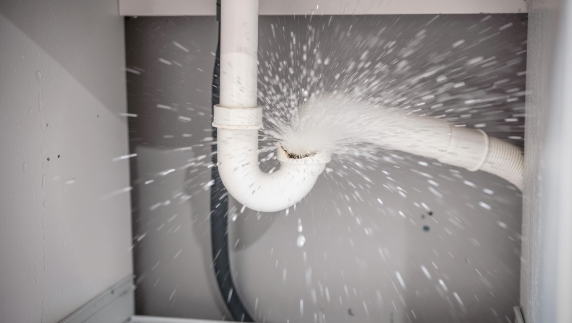 Emergency plumbing services for a burst plastic pipe spraying water under sink.