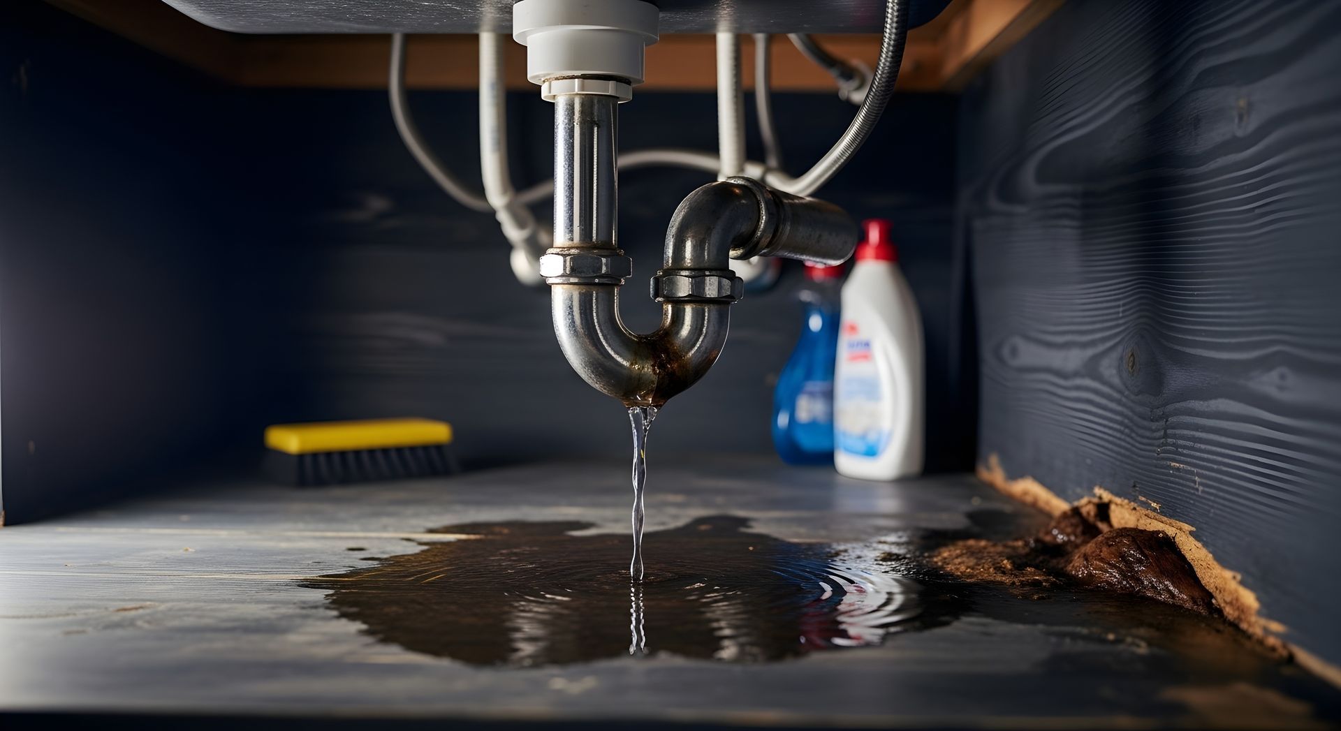 Under-sink pipe leak causing a puddle. Emergency plumbers can fix this household plumbing issue.