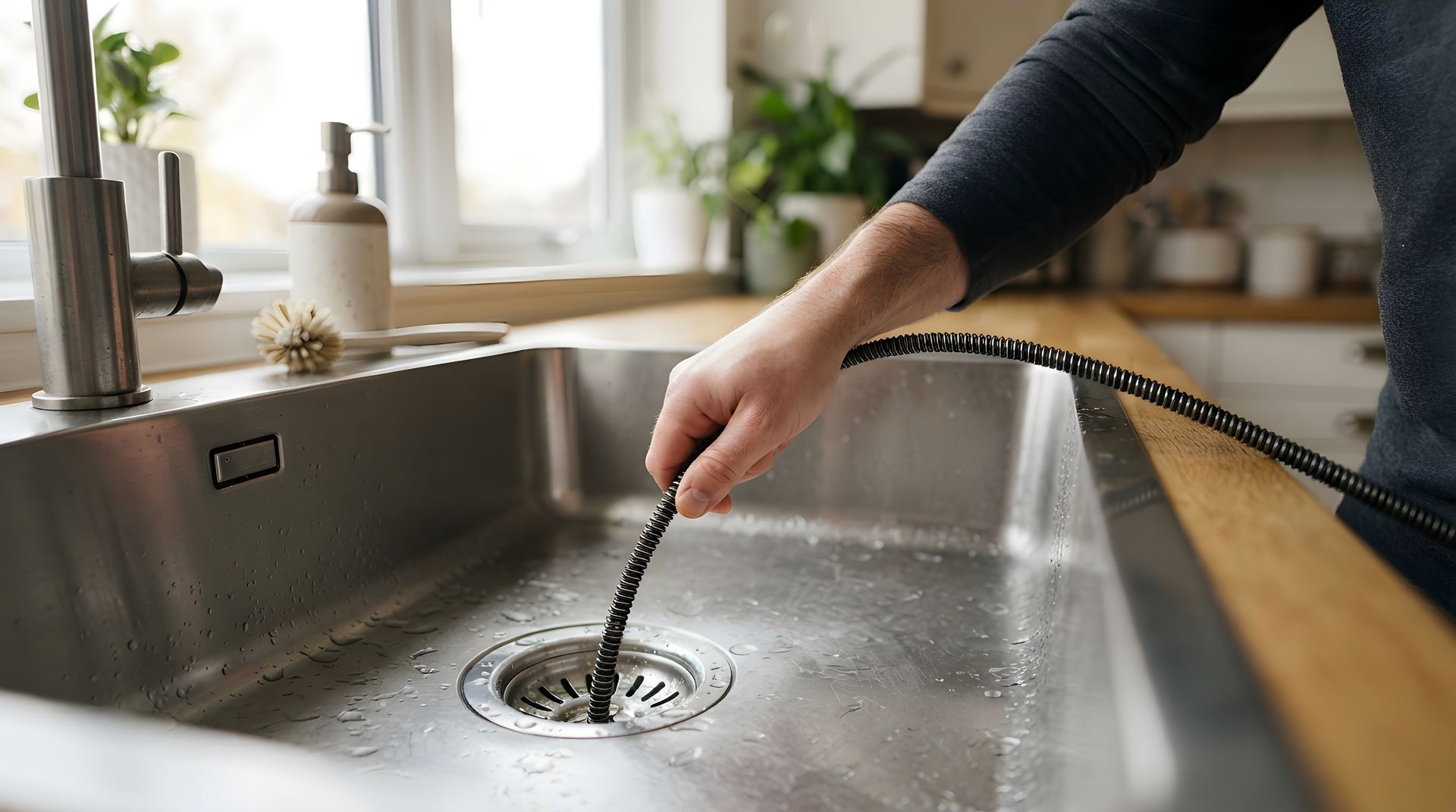 Person using a drain snake to clear a clogged kitchen sink drain.