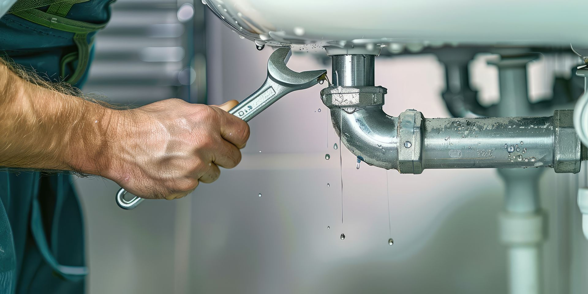 Hand tightening a pipe wrench on a metal plumbing pipe under a sink, with water dripping.