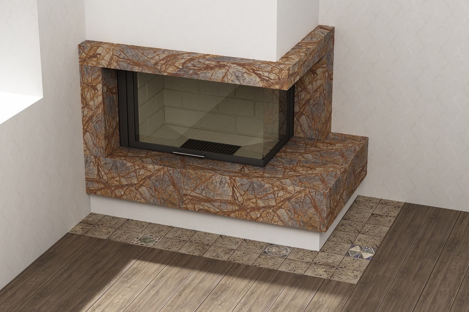 A custom stone fireplace mantel and surround installed by Ambiance Stone.