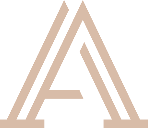 Stylized beige letter A logo on a white background