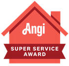 Red house-shaped Angi Super Service Award badge in red and white