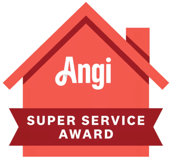 Red house-shaped Angi Super Service Award badge in red and white