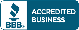 BBB Accredited Business logo in blue and white with a torch icon and text.