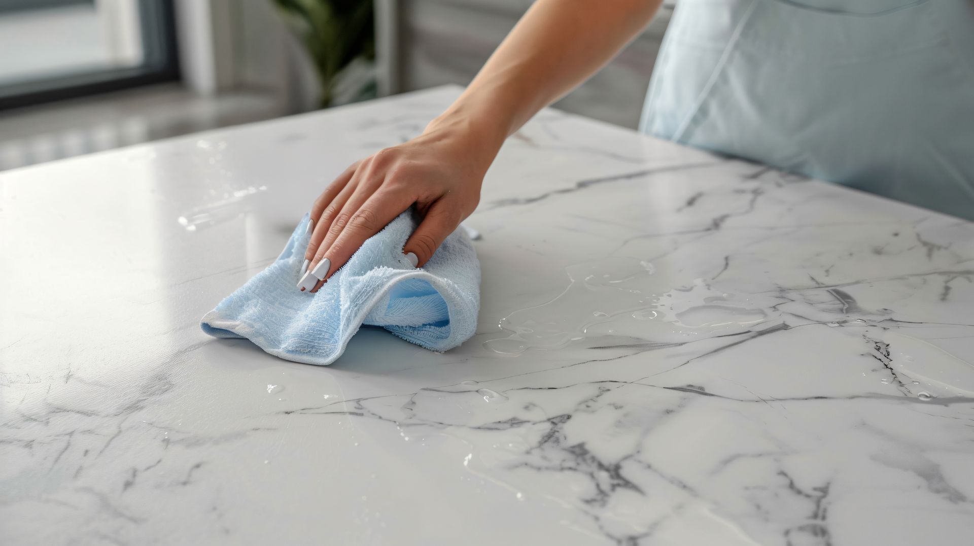 Hand wiping a white marble countertop with a blue cloth.