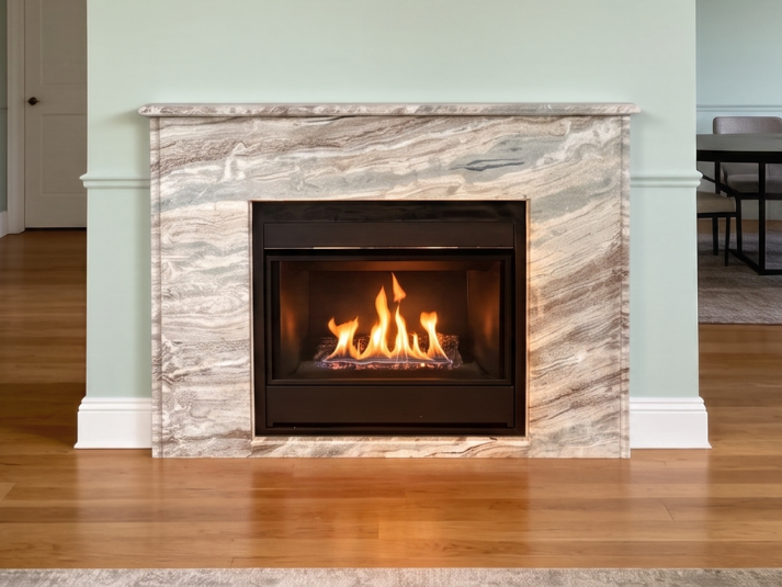 Modern fireplace with a lit fire in a marble surround, centered in a room with hardwood floors.