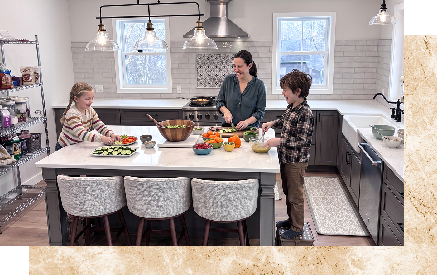 Three people gather around a kitchen island, chatting and preparing food in a bright modern kitchen.