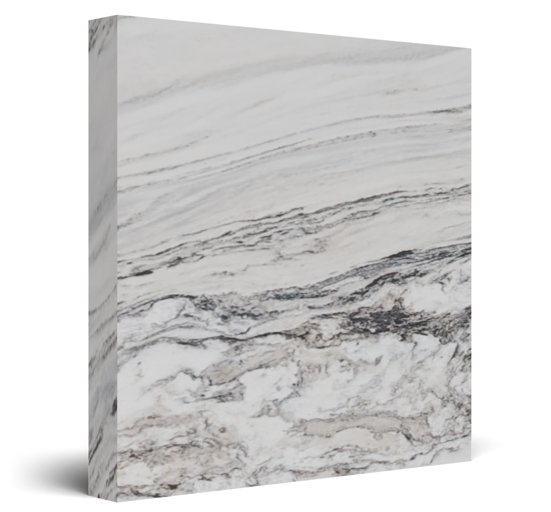 Marble-like white and gray stone slab with subtle veining and layered patterns
