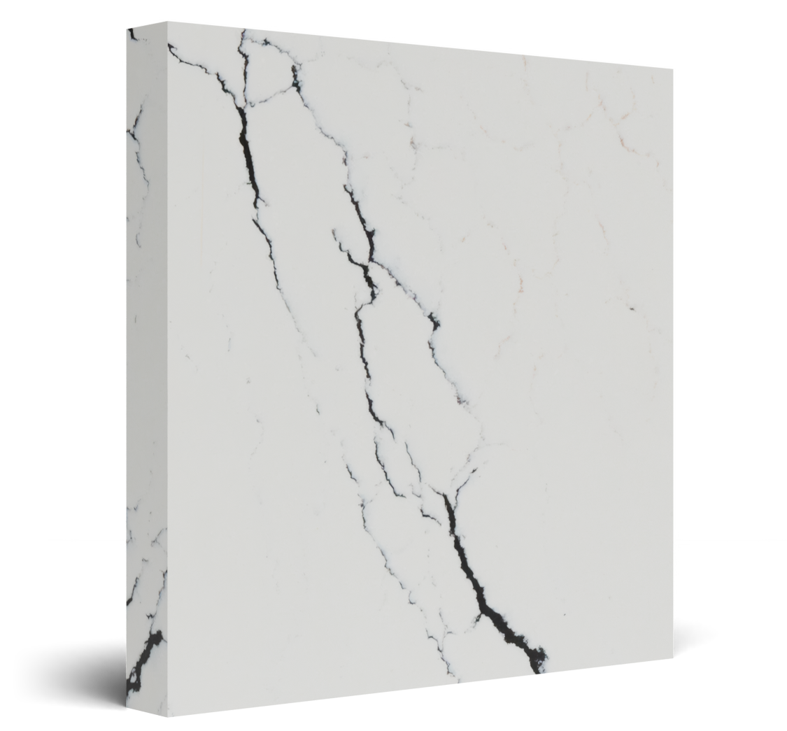White quartz tile with dark gray veining, shown at an angle.