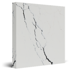 White quartz tile with dark gray veining, shown at an angle.