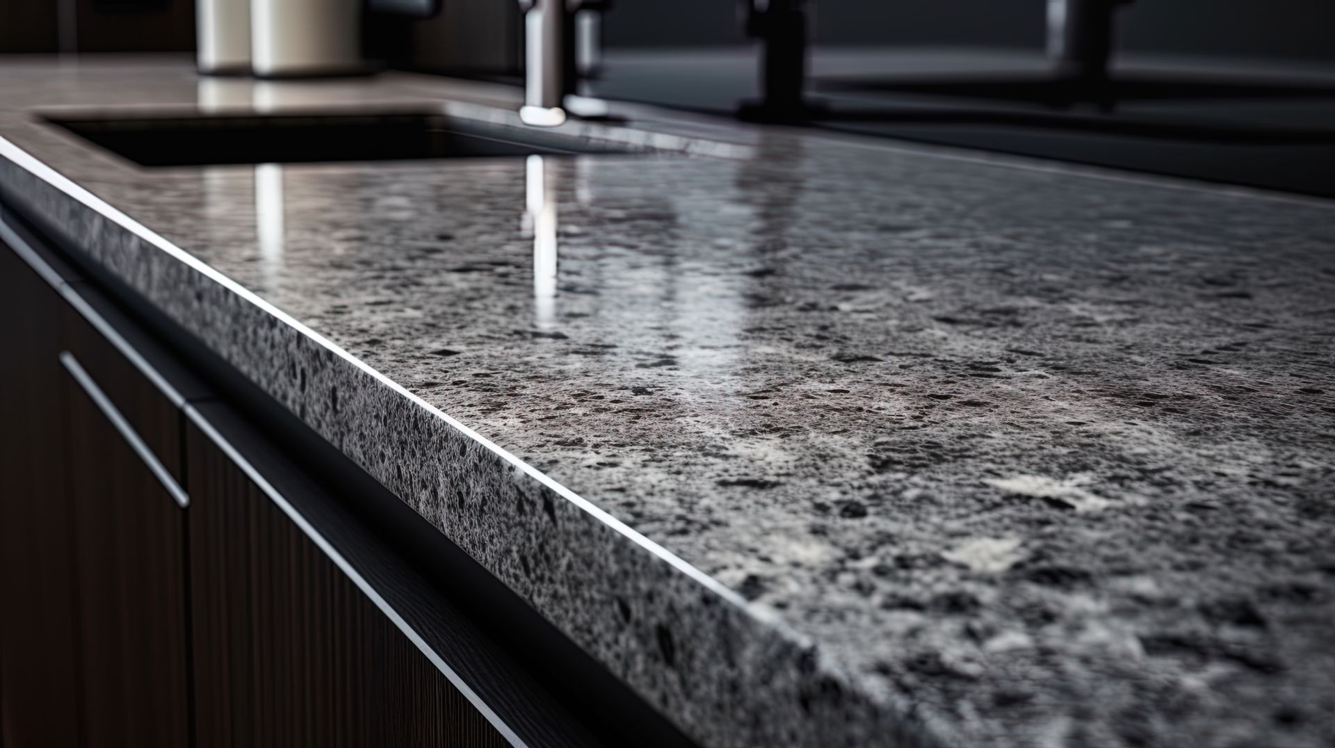 Granite kitchen countertop with a stainless-steel faucet beside a sink