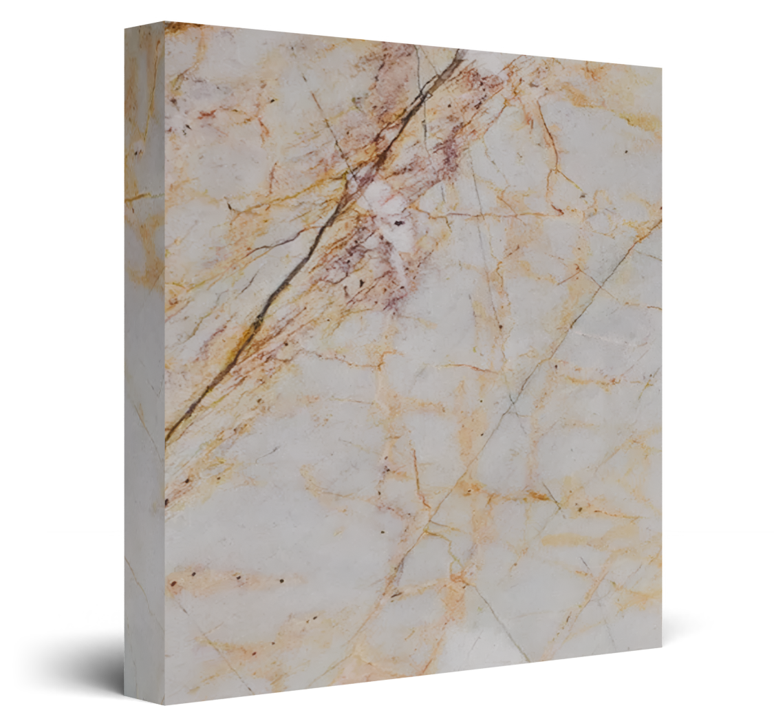 Light beige quartzite tile with gold and brown veining, shown as a square sample on white background