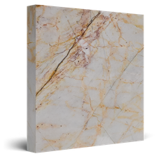 Square white quartzite tile with beige and gold veining on a gray background