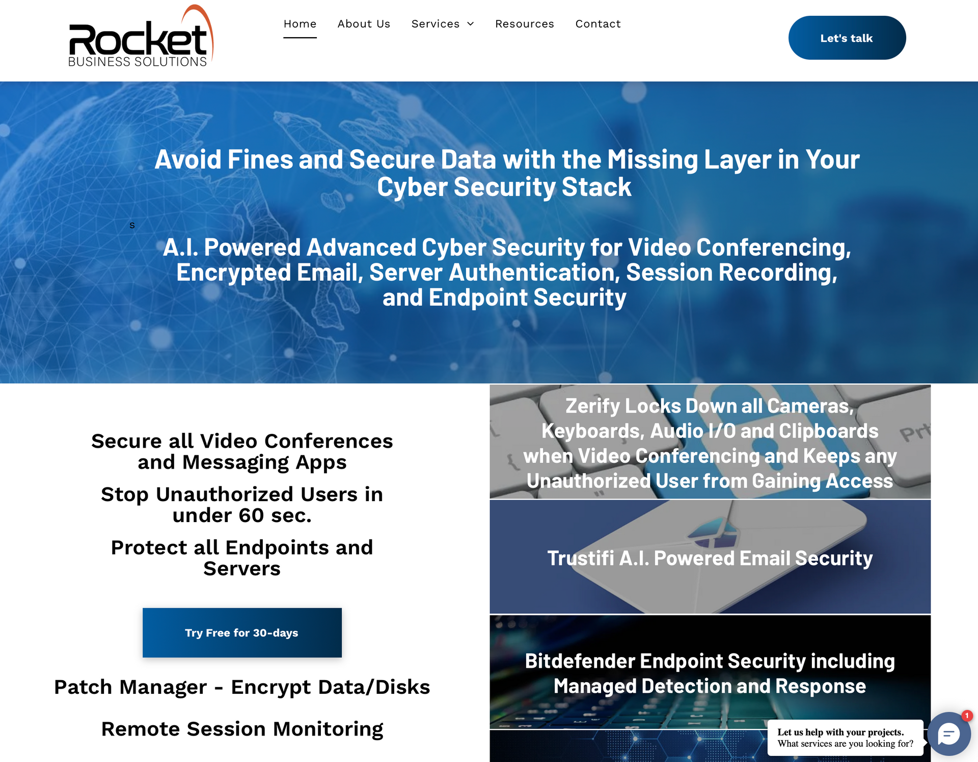 A rocket cyber security stack website is displayed
