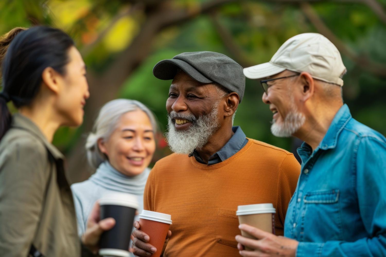 Four friends chatting outdoors, holding coffee cups in a sunny park