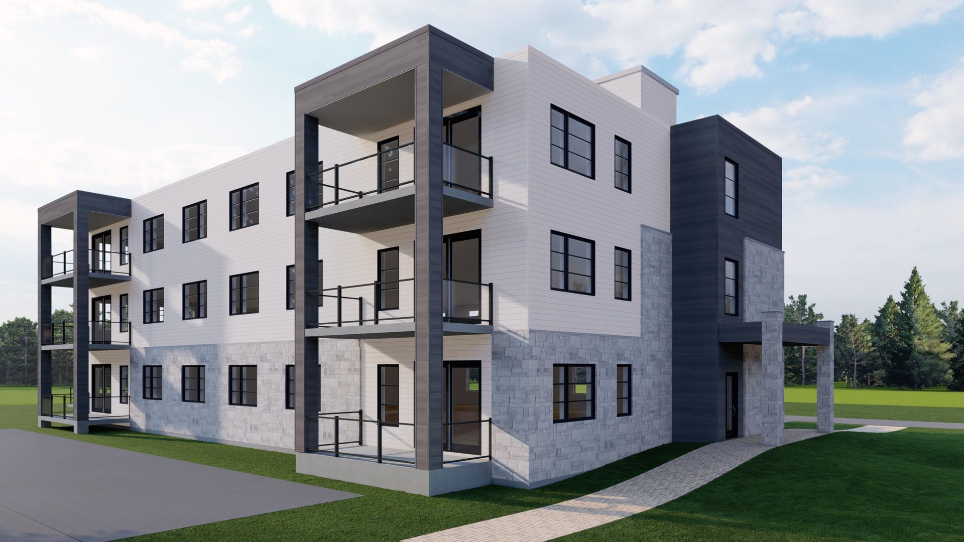 Une impression d'artiste d'un grand immeuble d'appartements