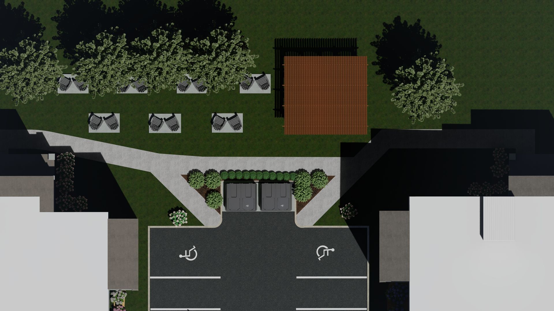 Une vue aérienne d'un bâtiment avec une place de stationnement pour handicapés