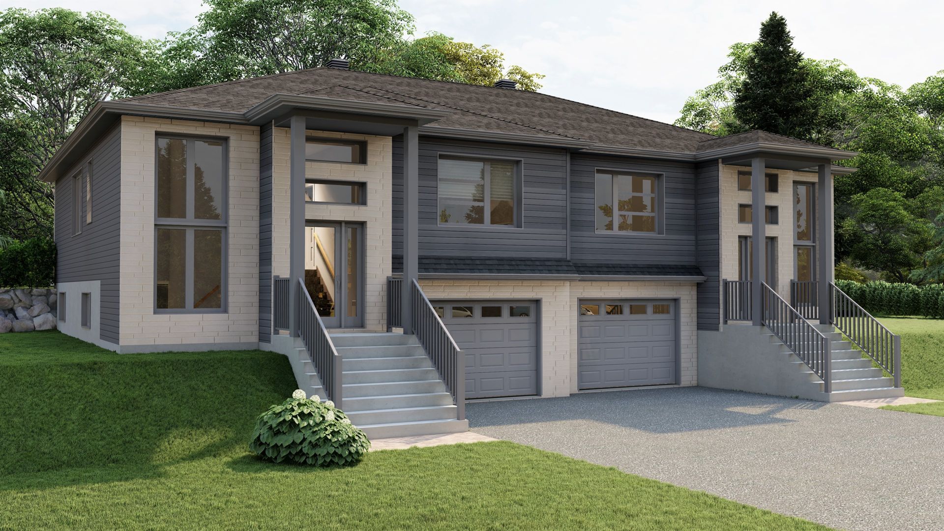 Une impression d'artiste d'une maison avec deux garages et escaliers.