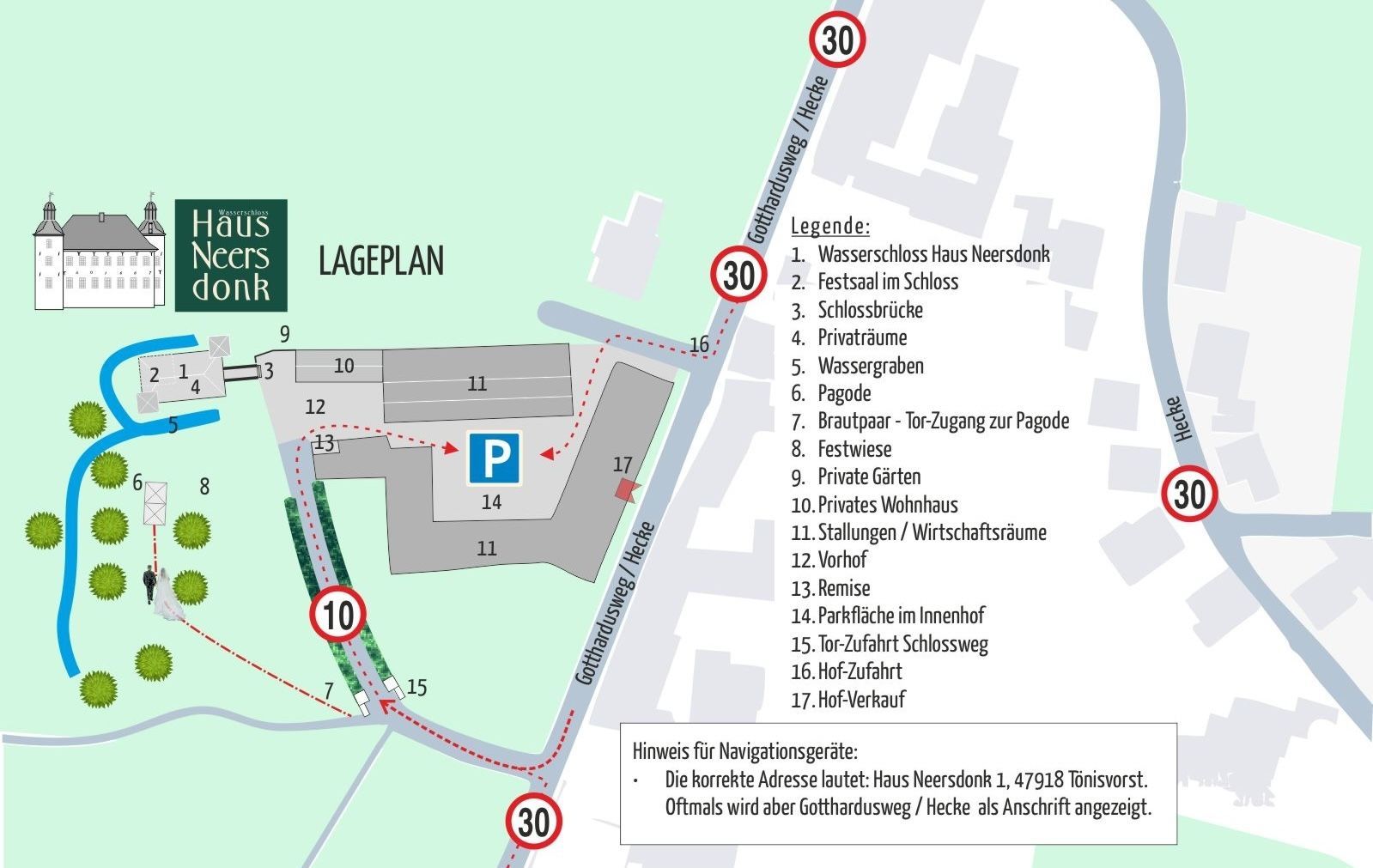 Lageplan, Übersicht für Brautpaare und deren Gäste auf Haus Neersdonk